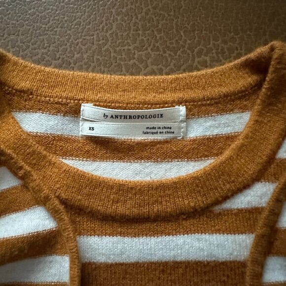 Anthropologie Short Flutter Sleeve Sweater Mustard White Stipe - Size XS - Picture 3 of 4